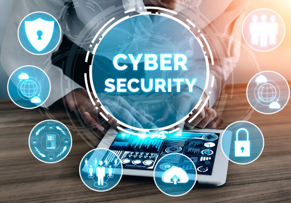Cyber Security and Digital Data Protection Concept. Icon graphic interface showing secure firewall technology for online data access defense against hacker, virus and insecure information for privacy.